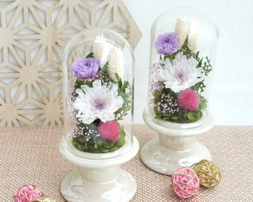仏花」ことね菊のガラスドーム プリザーブドフラワー＜受注制作