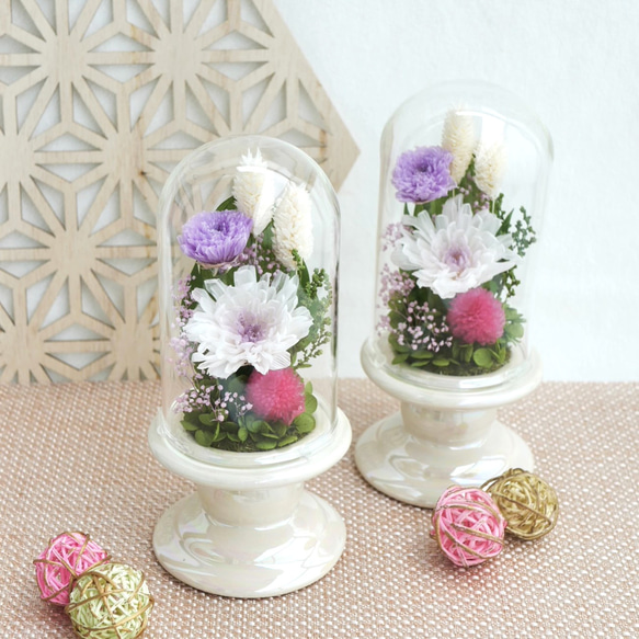 仏花」ことね菊のガラスドーム プリザーブドフラワー＜受注制作