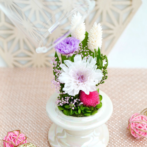 仏花」ことね菊のガラスドーム プリザーブドフラワー＜受注制作