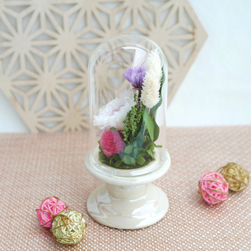 仏花」ことね菊のガラスドーム プリザーブドフラワー＜受注制作