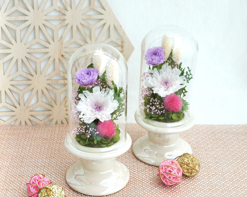 プリザーブドフラワー仏花対ガラスドーム大輪菊 仏花」ことね菊のガラスドーム プリザーブドフラワー＜受注制作