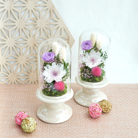 仏花」ことね菊のガラスドーム プリザーブドフラワー＜受注制作