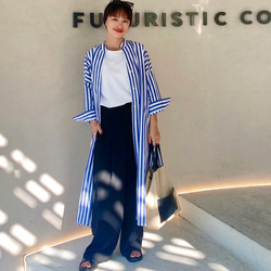 コットン ストライプ シャツワンピース 前開きボリュームシャツワンピ