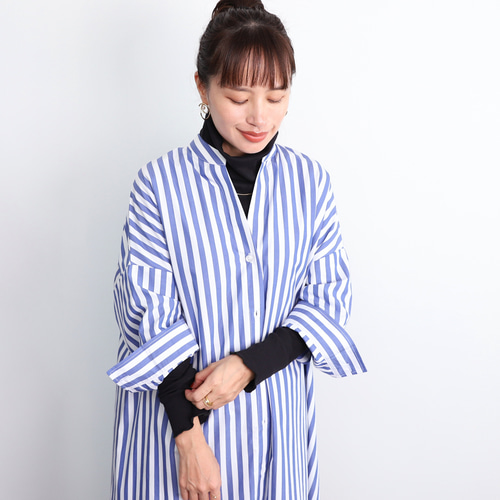 コットン ストライプ シャツワンピース 前開きボリュームシャツワンピ