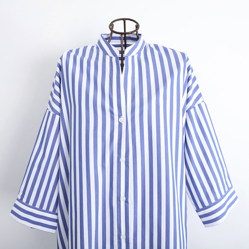 コットン ストライプ シャツワンピース 前開きボリュームシャツワンピ