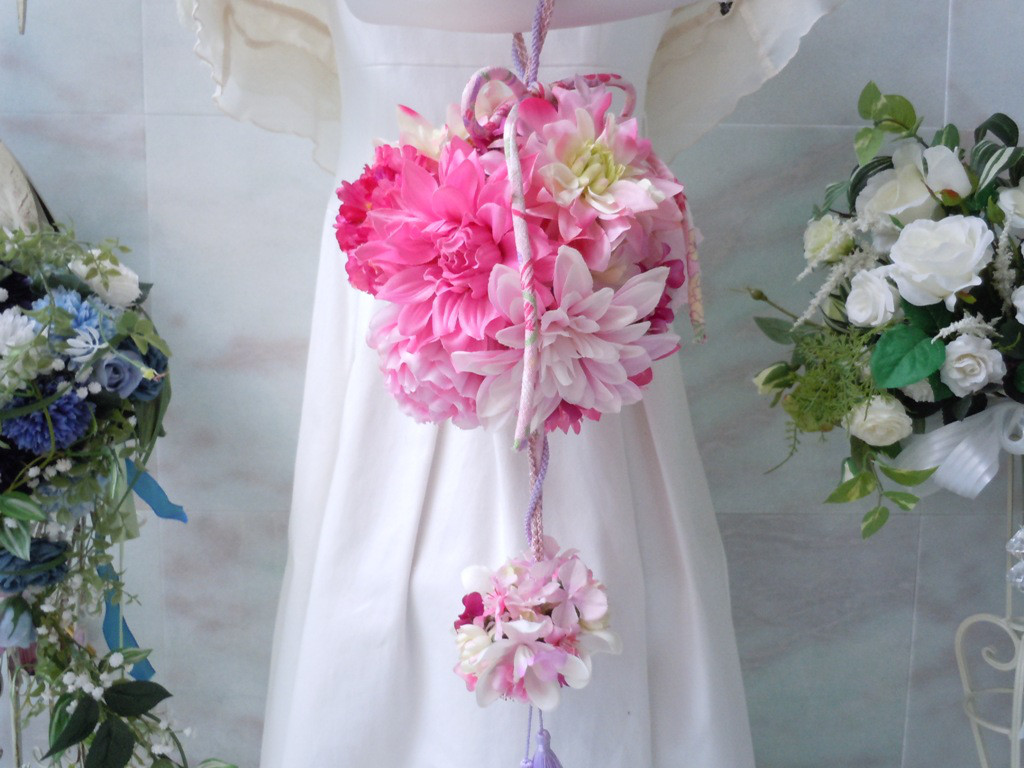 特価！◆2段の和風ボールブーケ＊ピンクカラー◆和装ウエディング 結婚式 挙式 打ち掛けなどに ピンクブーケ 和風ブーケ
