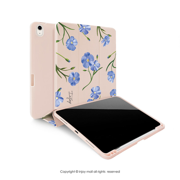 iPad case 12.9/Air4/iPad 9/mini 6系列Smart cover皮革平板保護 清新藍色亞麻花 第2張的照片