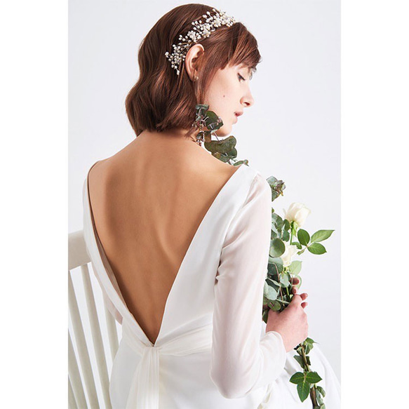 ウェディングドレス 9号 袖あり 長袖　結婚式　挙式 前撮り二次会 白 スレンダー Aライントレーン wd32174 2枚目の画像