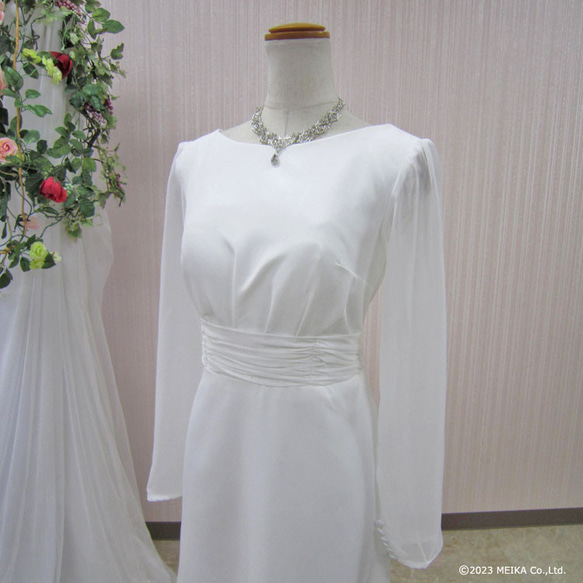 ウェディングドレス 9号 袖あり 長袖　結婚式　挙式 前撮り二次会 白 スレンダー Aライントレーン wd32174 5枚目の画像
