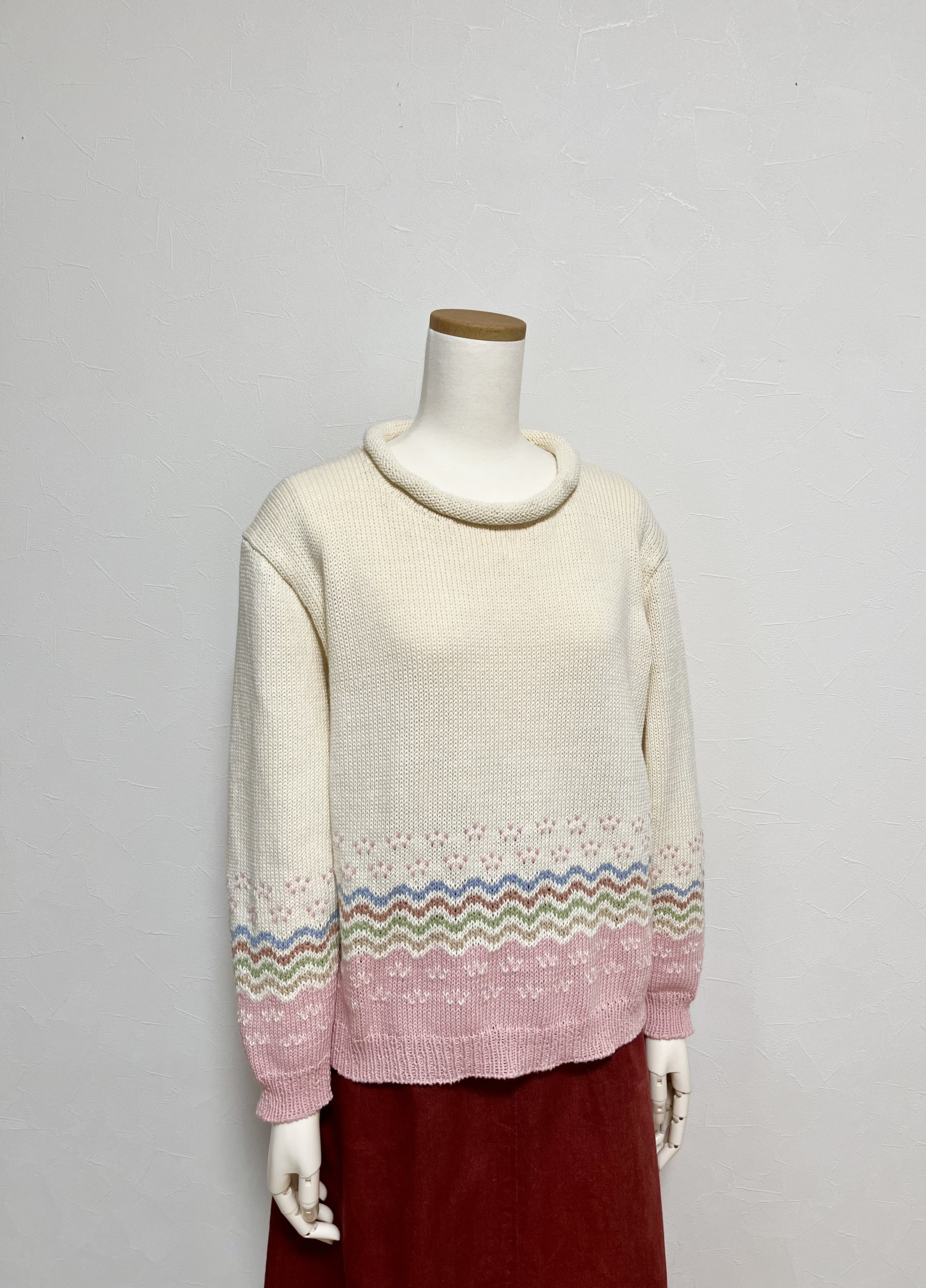 《送料無料》ロールカラーのコットンセーター(桜)