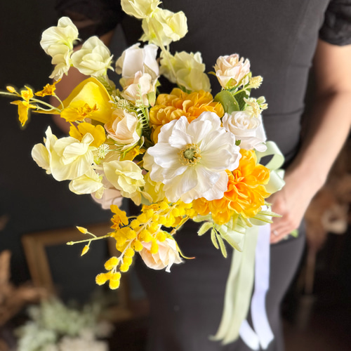 送料無料】白アネモネ×黄色クラッチブーケ☆ブートニア ブーケ