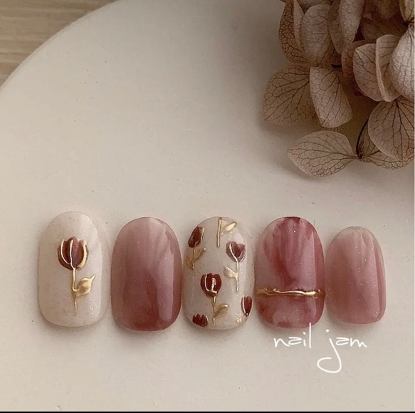 no.014淡色 ベージュ ブラウン フラワー 花 ネイルチップ 結婚式 成人