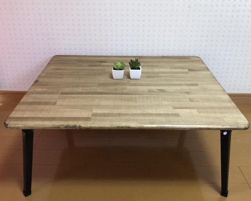 一枚板　アンティーク　机　ローテーブル 一枚板/側面加工済み】アンティーク風・折りたたみ式ローテーブル・一