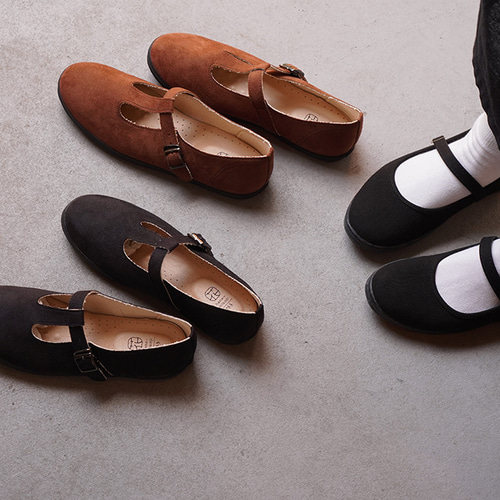 Tストラップシューズ｜足あたりやわらか｜【スエード調ブラック