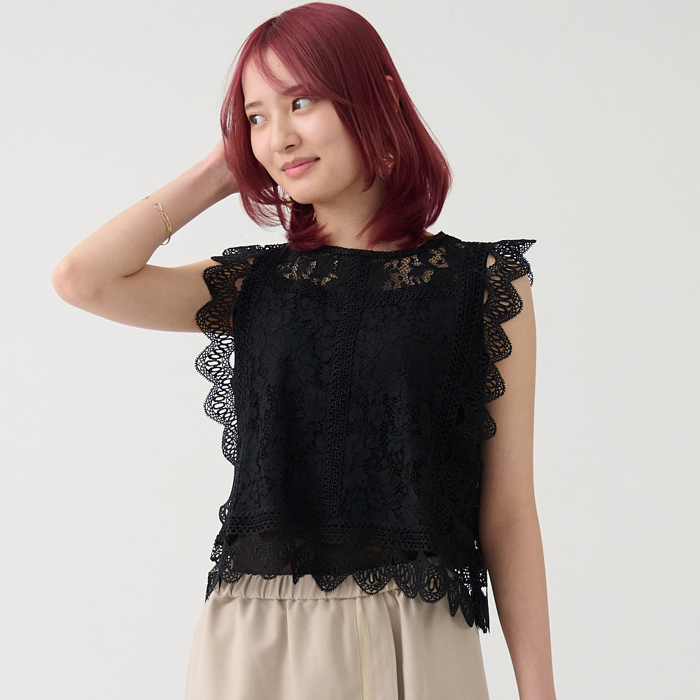 ﾓﾘﾉｶﾞｯｺｳ フラワーレースブラウス 【ブラック】｜mg-lb-bk