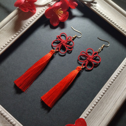 花札&タッセルピアス(イヤリング)（桜）（赤黒）和風【成人式