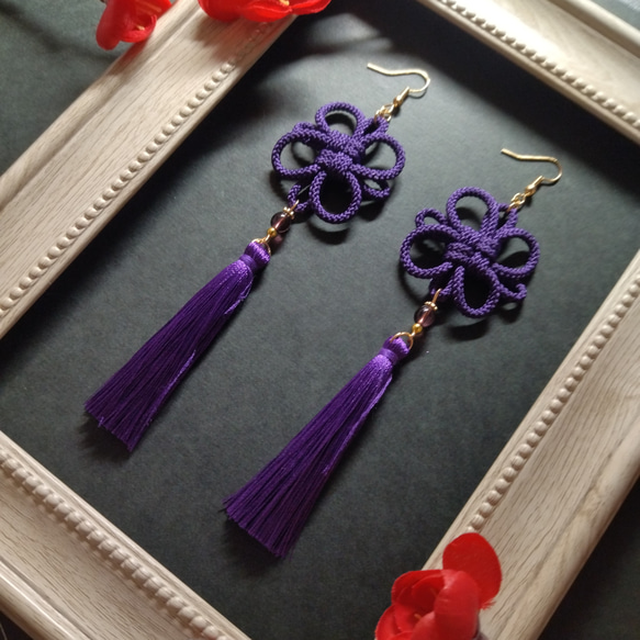 太】吉祥結びとタッセルのピアス(イヤリング)（紫）【チャイナ【中華風