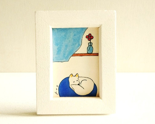 犬の絵｜原画「優しい風」※木製ミニ額縁入り イラスト 絵と額縁