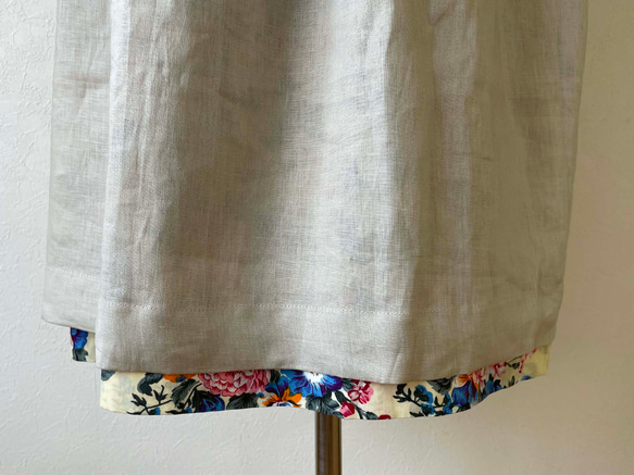 リネン リバーシブル 裾の花柄がかわいい大人カジュアルスカート ミモレ丈 フリーサイズ ベージュ 6枚目の画像