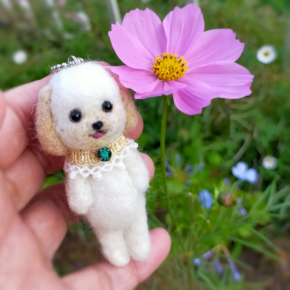 ◾受注制作　羊毛フェルト　笑顔のわんこマスコット(プードル・白×クリーム)　犬　 3枚目の画像