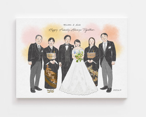 似顔絵結婚式両親贈呈品／両親贈答品・４名・空に舞う桜 似顔絵 結婚式両親贈呈品／両親贈答品 4名 空に舞う桜