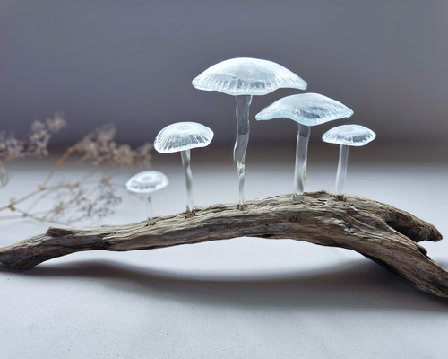 ガラスのキノコ 置物 オブジェ クリア 筋笠ぼかし5本 立体・オブジェ