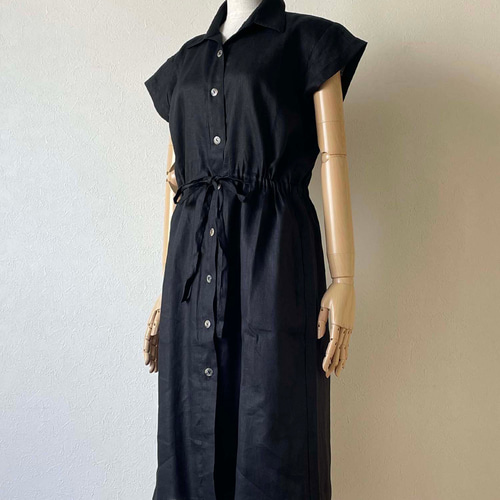 シャツワンピース 半袖 前開き 黒 無地 ポーリッシュリネン