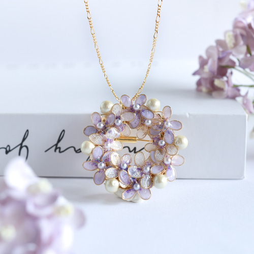 2way ブローチ&ネックレス すみれとコットンパールのリース 古希・喜寿