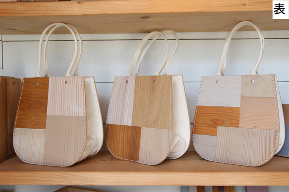 木のバッグ　リサイクルウッドの丸型　Wooden Bags ＿パッチワーク Patchwork 2枚目の画像