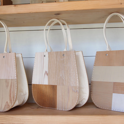 木のバッグ　リサイクルウッドの丸型　Wooden Bags ＿パッチワーク Patchwork 3枚目の画像