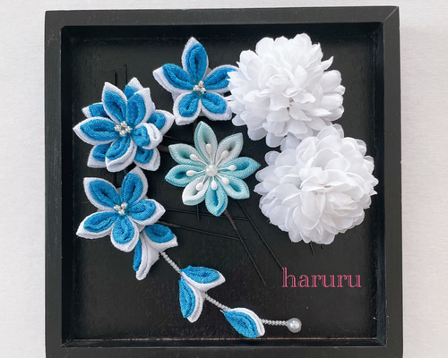 【HAru*】つまみ細工 髪飾り 成人式 七五三 青 白 レース041501 つまみ細工の髪飾り 青 《成人式、七五三、卒業式、入学式、着物