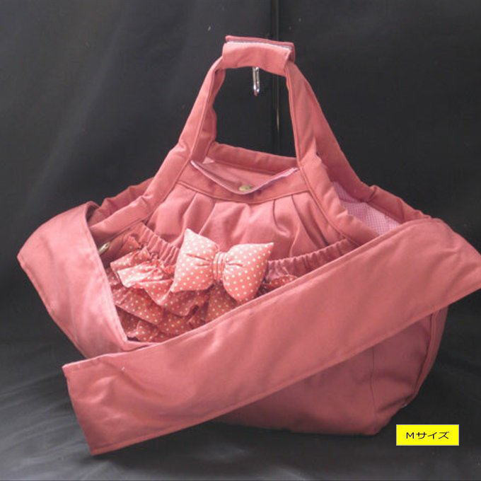 受注制作　Ｍサイズ　肩ベルト丈１００センチ　小型犬用フリル付きスリング、手提げ２ウェイ　紀州帆布　キャリーバッグ