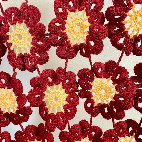 手編み 北欧風 花 モチーフ編み ブランケット ひざ掛け ギフト 赤 黄色