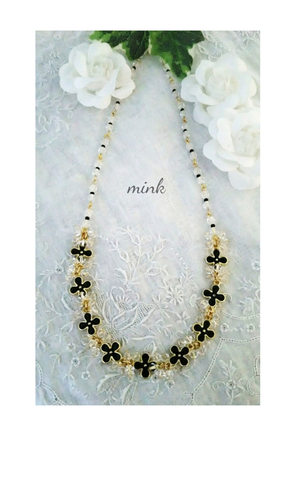 小花＊クリスタル＊フリンジ＊ネックレス/黒《送料無料》