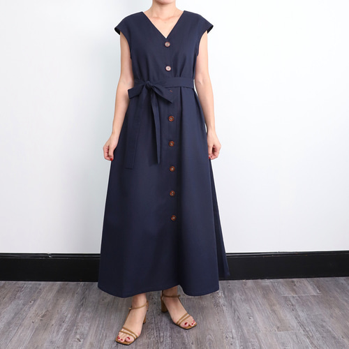 コットンリネン フロントボタン ワンピース ネイビー 0211NV  