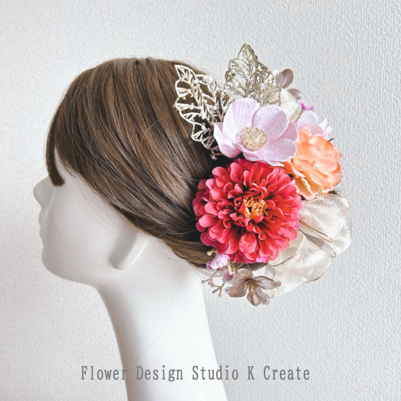 成人式・結婚式に♡ピンクのダリアとオレンジの薔薇のヘッドドレス　前撮り　成人式　入学式　卒業式　袴　着物　振袖　髪飾り 5,244円