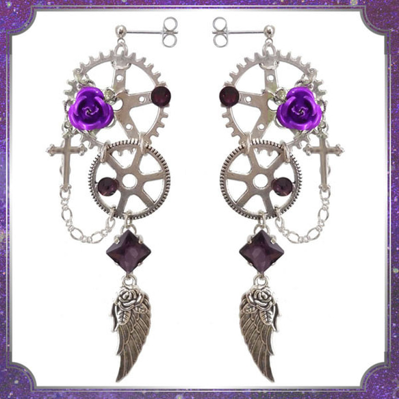 Gear Gear Steampunk Feather Feather Rose Rose Purple Earrings 雙耳 第1張的照片