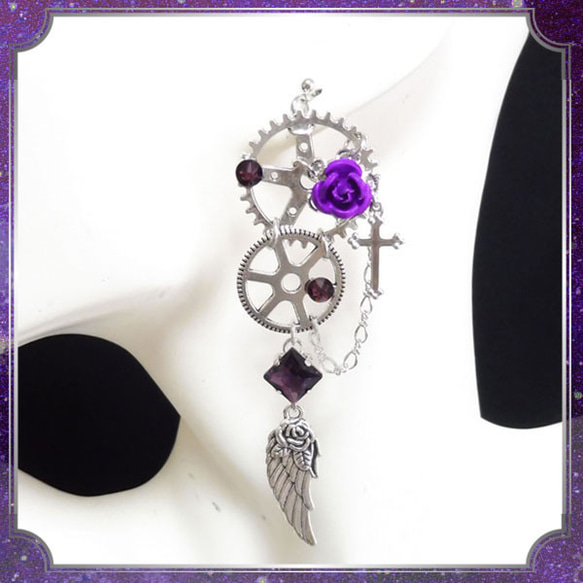 Gear Gear Steampunk Feather Feather Rose Rose Purple Earrings 雙耳 第2張的照片