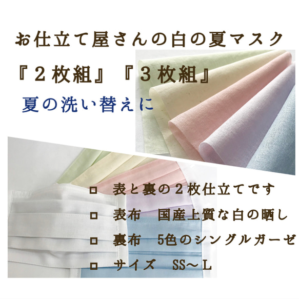 【２枚組】【３枚組】【送料無料】やっぱりきちんと白マスク 裏布5色のガーゼ ノーズワイヤー　プリーツマスク 夏マスク 1枚目の画像