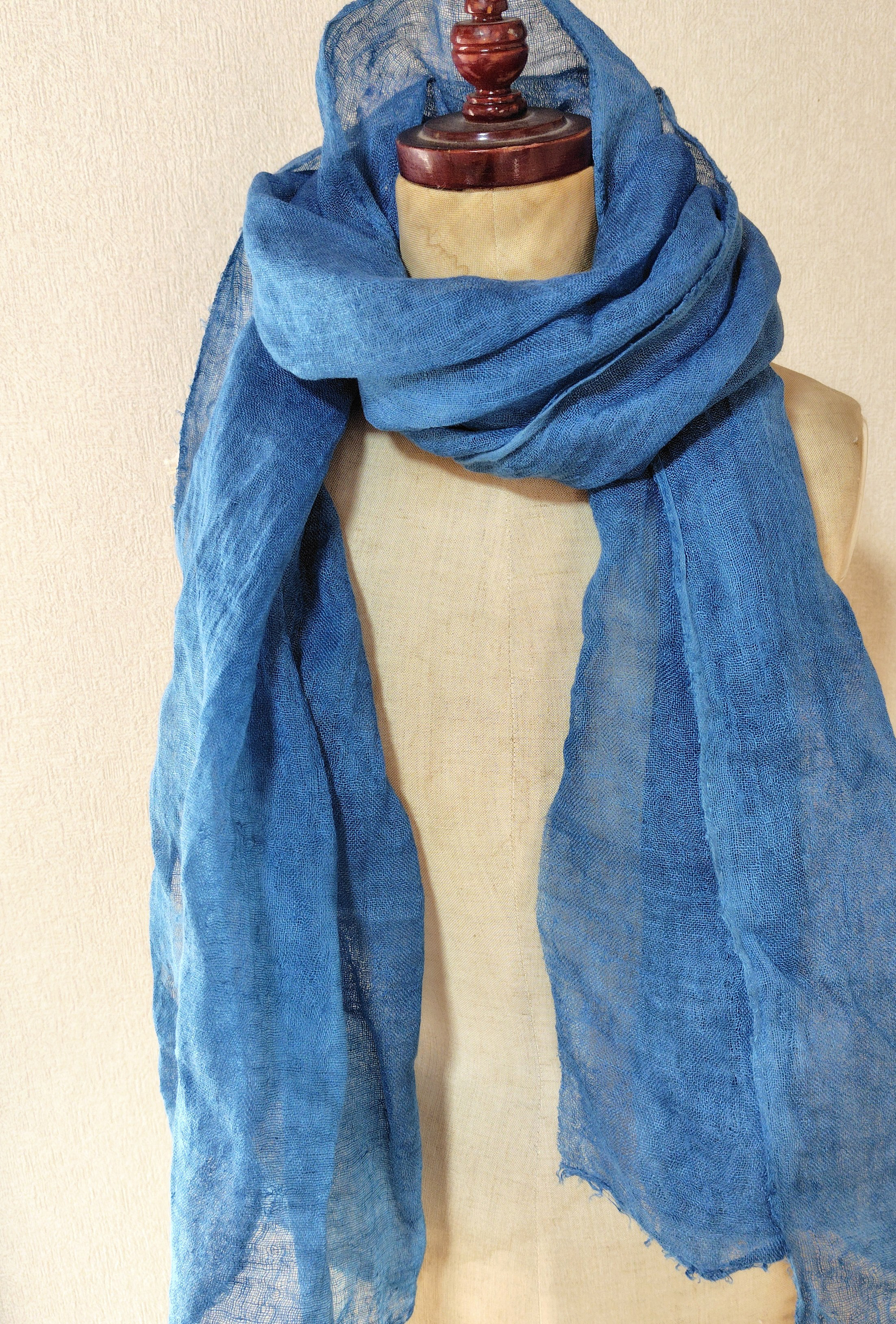 ふんわり柔らかい　リネンガーゼストール　草木染め　藍染め＊大判