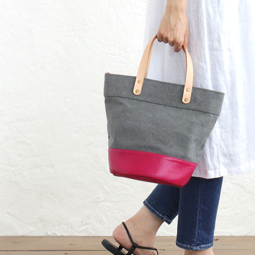 5号帆布とレザーのバケツ型トートバッグ バイオウォッシュキャンバス