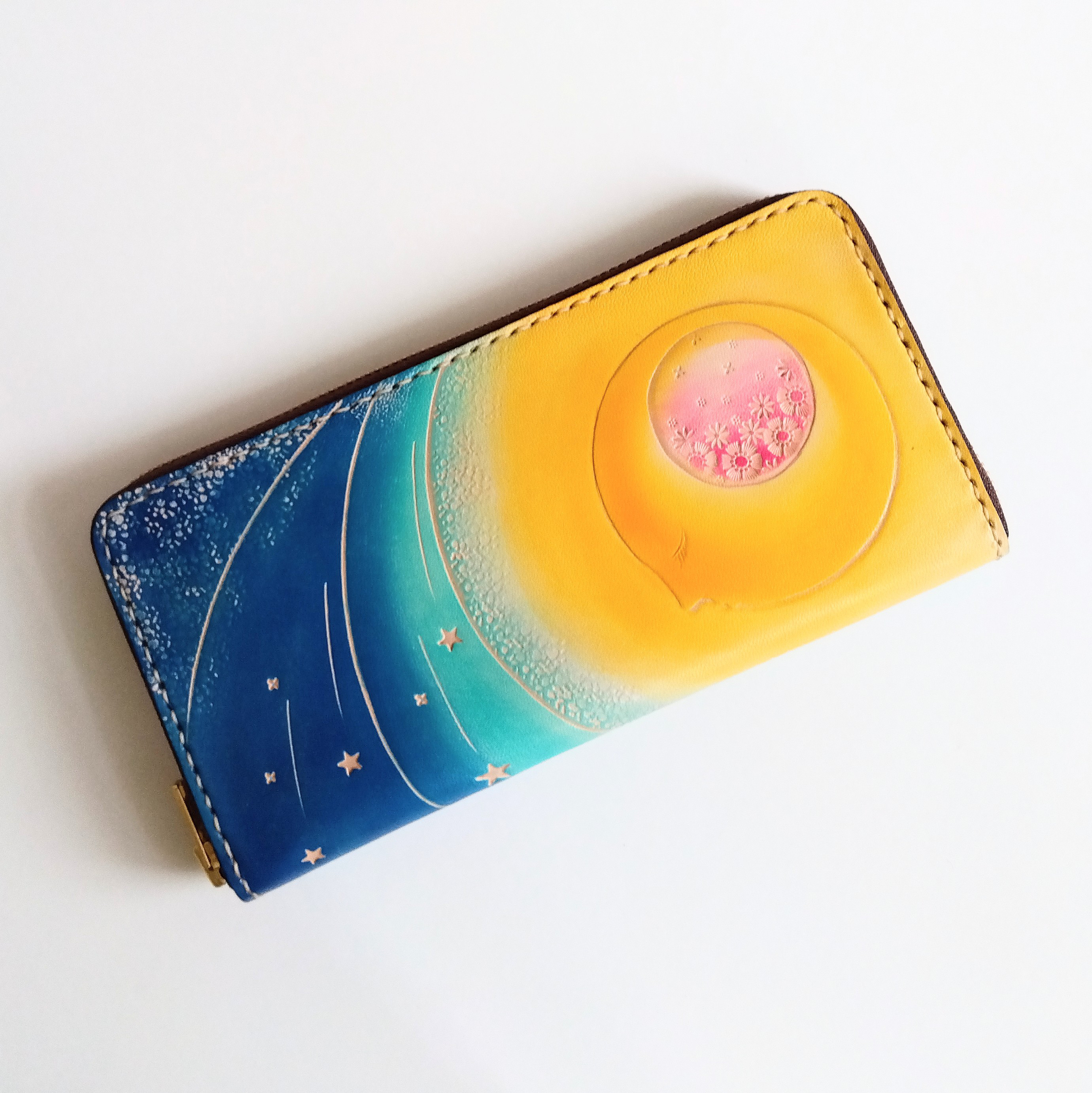 受注制作　送料無料　ラウンドファスナー財布　横長財布　革製品　月　空　札入れ　財布 月　夜空