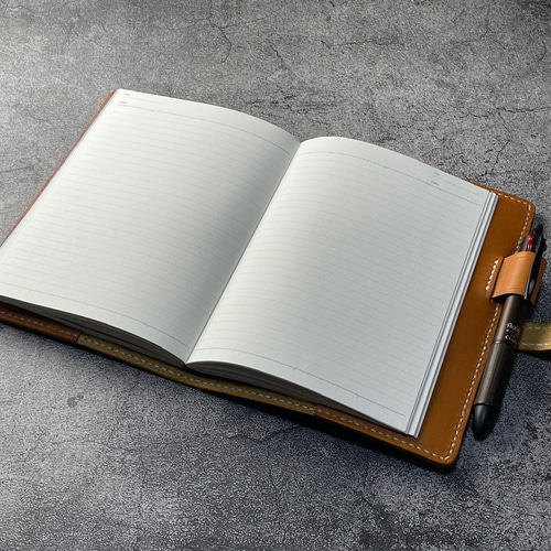 手縫】キャメル色本革B6ノートブックカバー（生成り糸）※アジャスト