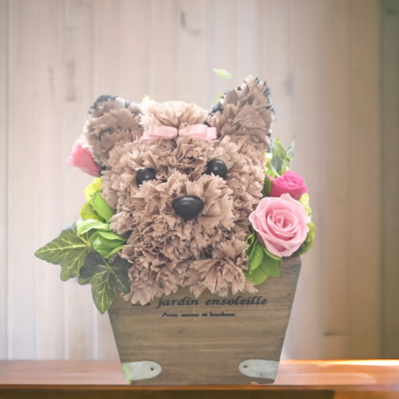フラワーペット【ヨークシャテリア】カーネーション 犬 プリザーブドフラワー 花 母の日 誕生日 お供え フラワーペット 1枚目の画像