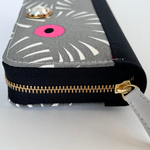 3ファスナーポケット/ 家計やりくり財布/アスター柄グレー×ブラック 長