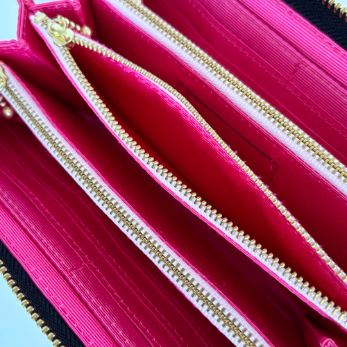 3ファスナーポケット/ 家計やりくり財布/アスター柄グレー×ブラック 長