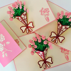 可愛い！ 手作り切り紙ポップアップメッセージカードピンクローズ　花束　バラブティックナチュラル 7枚目の画像