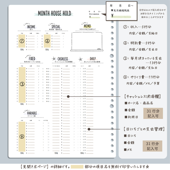 〚D06〛家計簿1年分✨日にち毎の支出欄＆キャッシュレス＊オリジナル家計簿/ルーズリーフ家計簿/印字無料/サイズ変更可 2枚目の画像