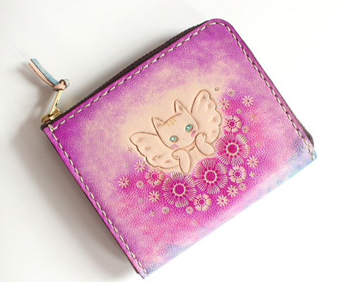猫イラスト付きピンクL字長財布 パールピンク】猫L字ファスナー長財布 外ポケット付き ネコ 本革