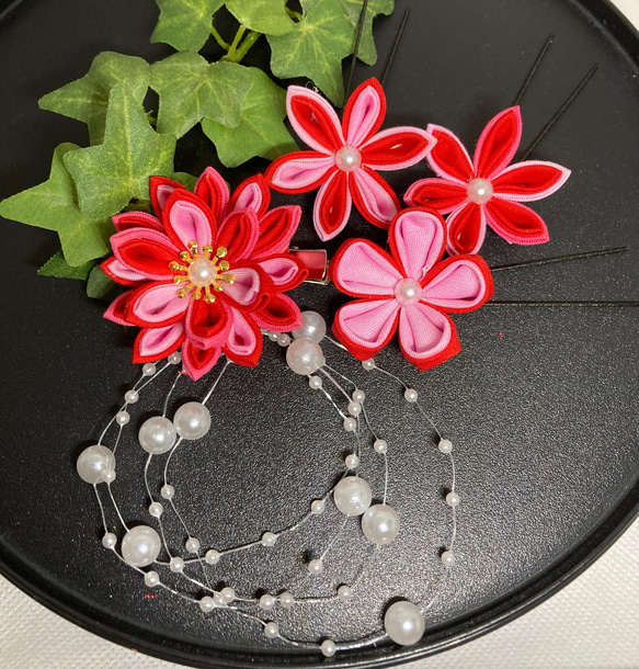 つまみ細工 髪飾り 紅桃セット 雑貨・その他 MU-ra_kanzashi 通販 